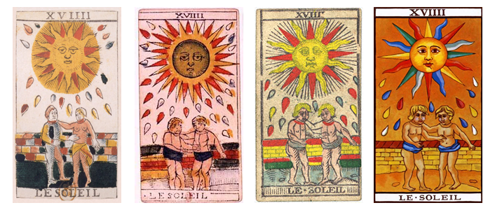 Four versions of the Sun trump of the Tarot de Marseille